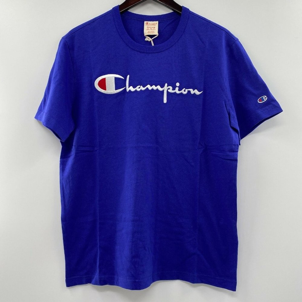 Champion Men's Big Script Crew Neck T-Shirt Reverse Weave in Blue Jay sz M